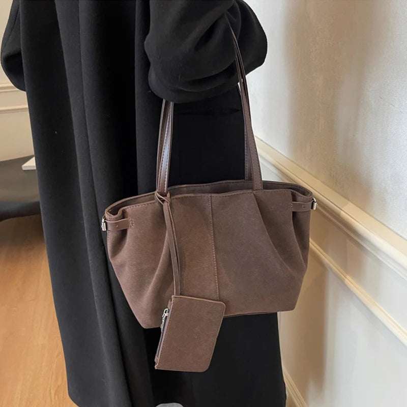 Suede Shoulder Bags for Women Large Capacity Totes Lightweight Underarm Bag Casual Shopper Handbag Solid Color Travel Bucket Bag