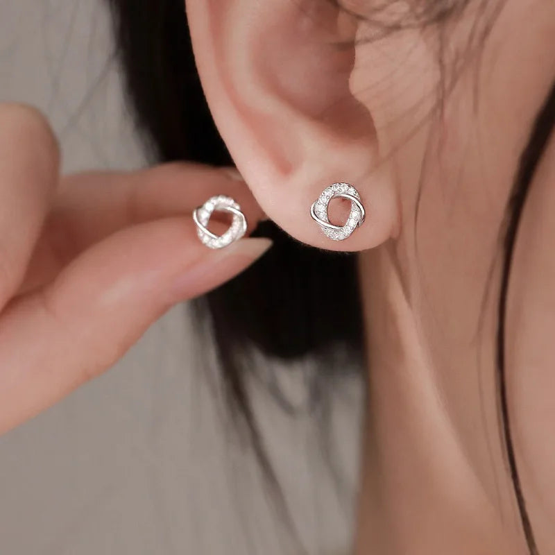 Shiny Trendy Sterling Silver Inlaid Tiny Zircon Hollowed-out Circular Stud Earrings for Woman Geometry Line Enwind Jewelry Gifts