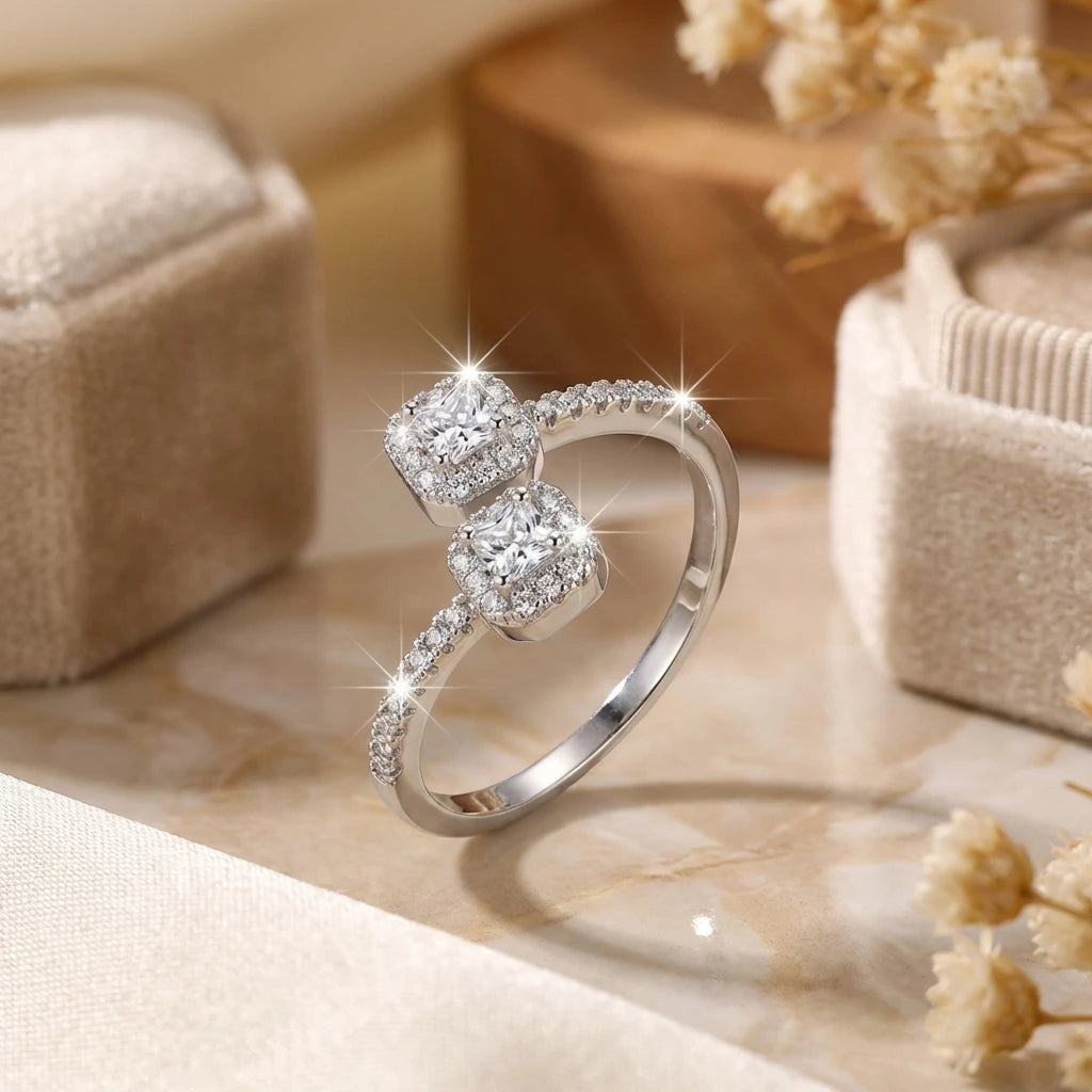 Creative Dual Head Square Copper Embedded Cubic Zirconia Open Ring for Women Elegant High-End Sensation Stylish Jewelry Gift