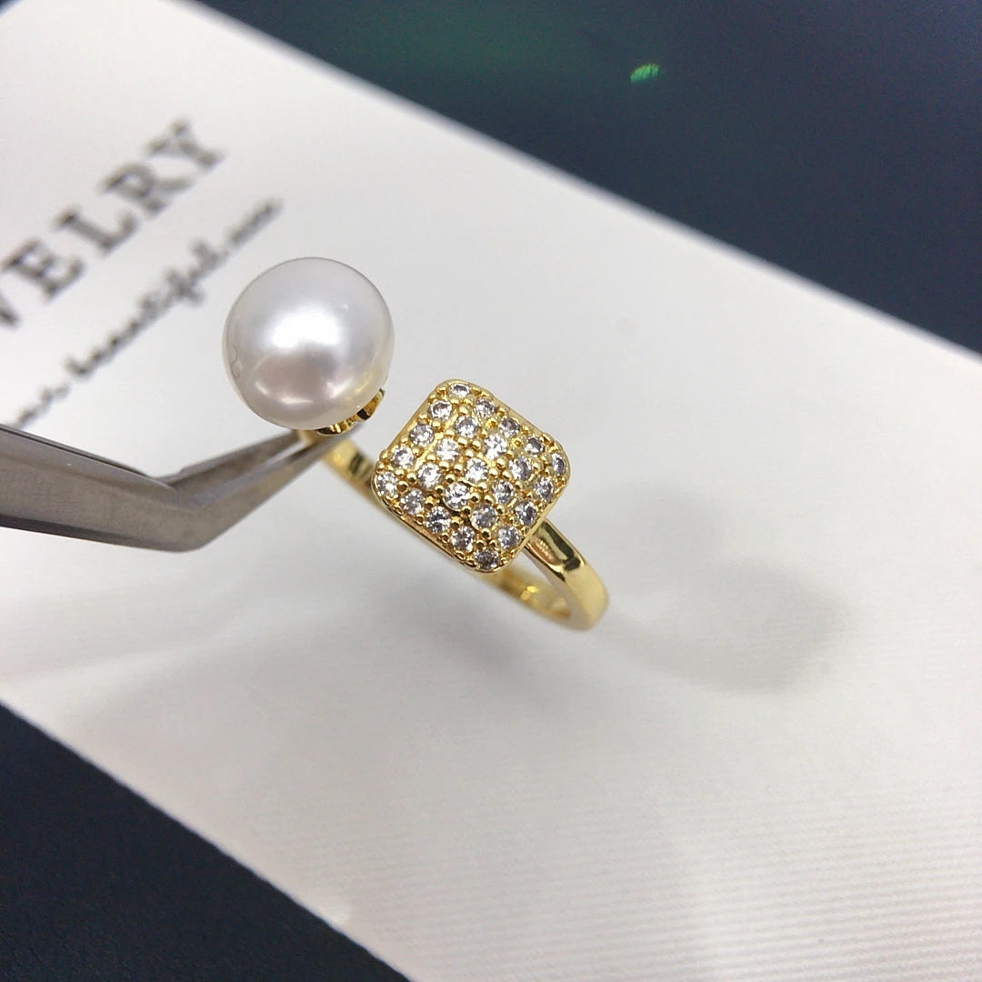 Unisex Adjustable Square Ring with 8-9mm Freshwater Cultured Pearl And Zircon Minimalist Fashion Jewelry for All 2025 New