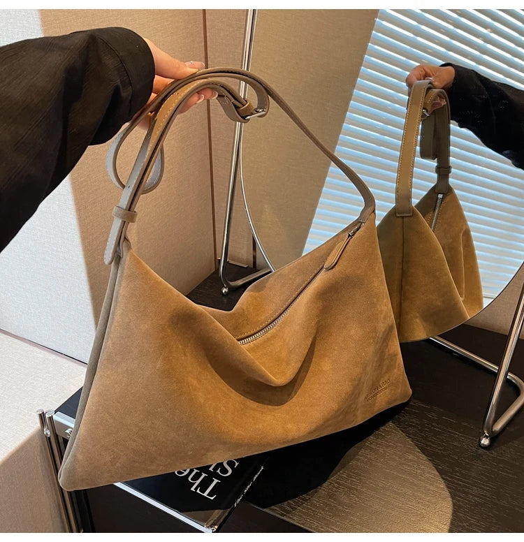 Vintage Suede Tote Bag For Women Autumn Winter New Large Capacity Commute Shoulder Crossbody Bags Fashion Trend Underarm Bags