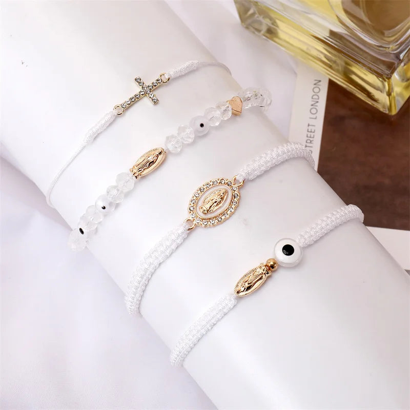 4Pcs Mexican Braclets Virgin Mary San Judas Bracelet For Women Girls Red String Evil Eye Green Beads Anklets Jewelry Gift