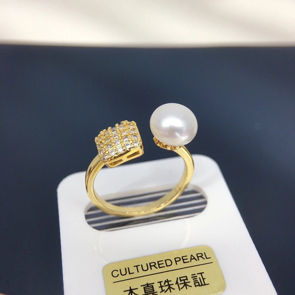 Unisex Adjustable Square Ring with 8-9mm Freshwater Cultured Pearl And Zircon Minimalist Fashion Jewelry for All 2025 New