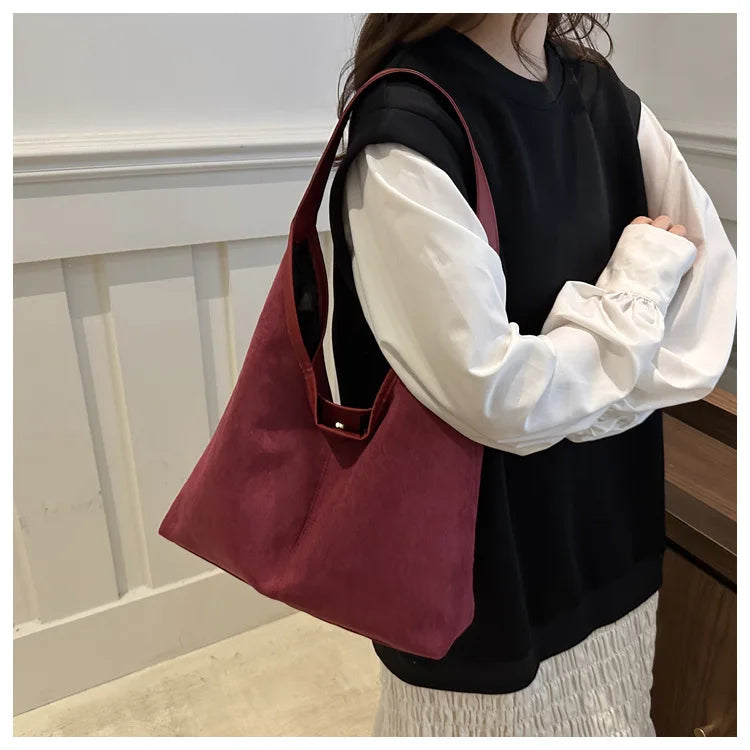 Vintage Faux Suede Tote Bags for Women Large Capacity Shoulder Ladies Underarm Bag Casual Simple Commuter Female Handbags