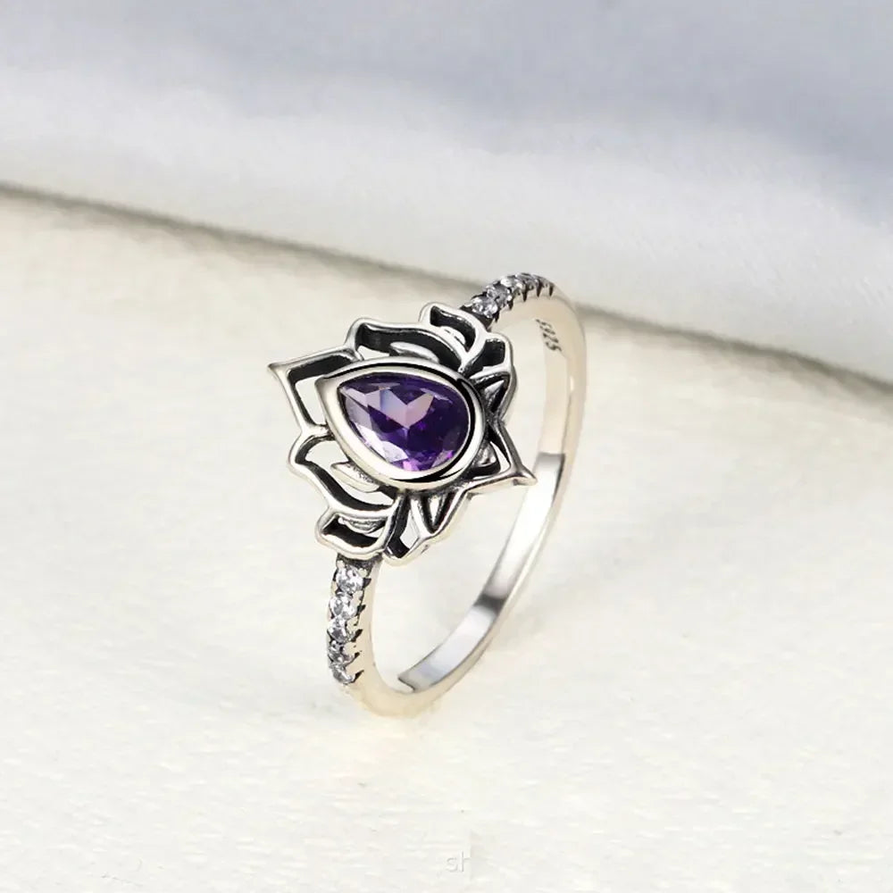YILUOCD 925 Thai silver Adjustable Rings For Women Lotus Flower Colorful Zircon Ring Boho Female Fine Jewelry Gift