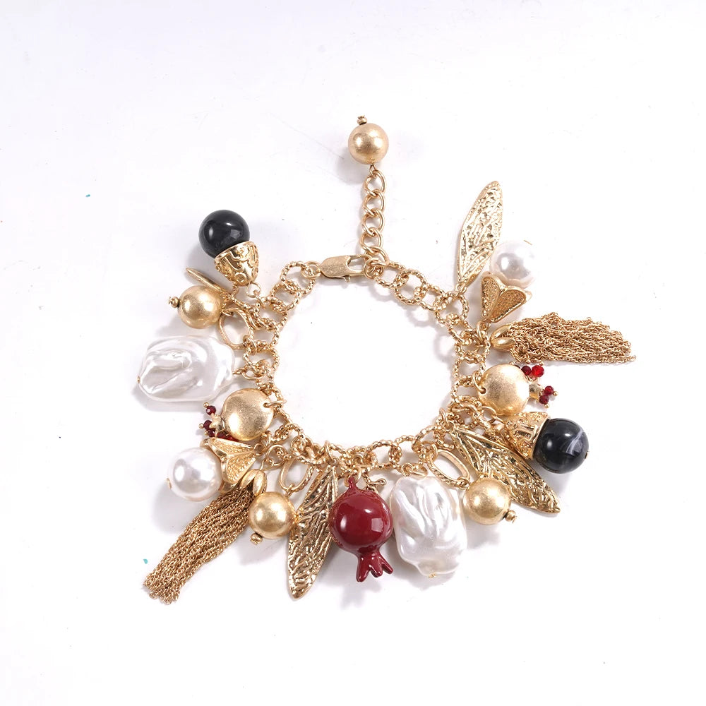 Eclectic Pomegranate Charm Bracelet Statement Accessory for Brunch Date Stylish Outfits Mixed Bead Bold Charm Jewelry