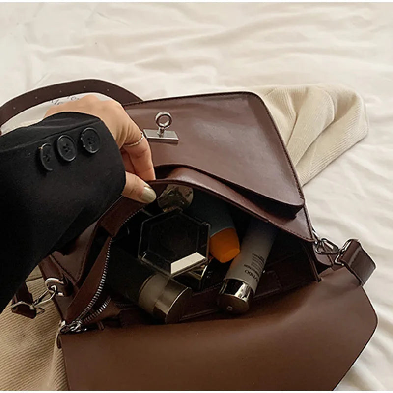 Crossbody Messenger Bag,Designer Versatile Large Capacity Commuting Shoulder Bag,Lady PU Tote Bags Vintage Buckle Handbag Brown