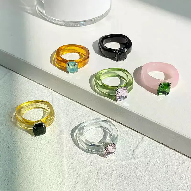 Fashion Simple Inlaid Colorful Zircon Resin Ring Women Sweet Cute Birthday Party Commemorative Jewelry Gift