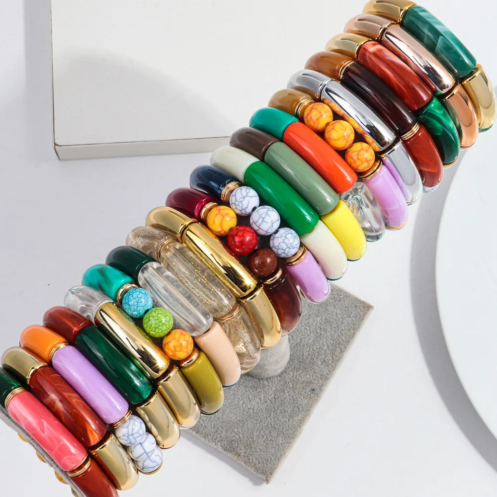 Bohemia Acrylic Bamboo Curved Tube Bracelet for Women Colorful Resin Chunky Elastic Stack Bracelets & Bangles Retro Jewelry Gift