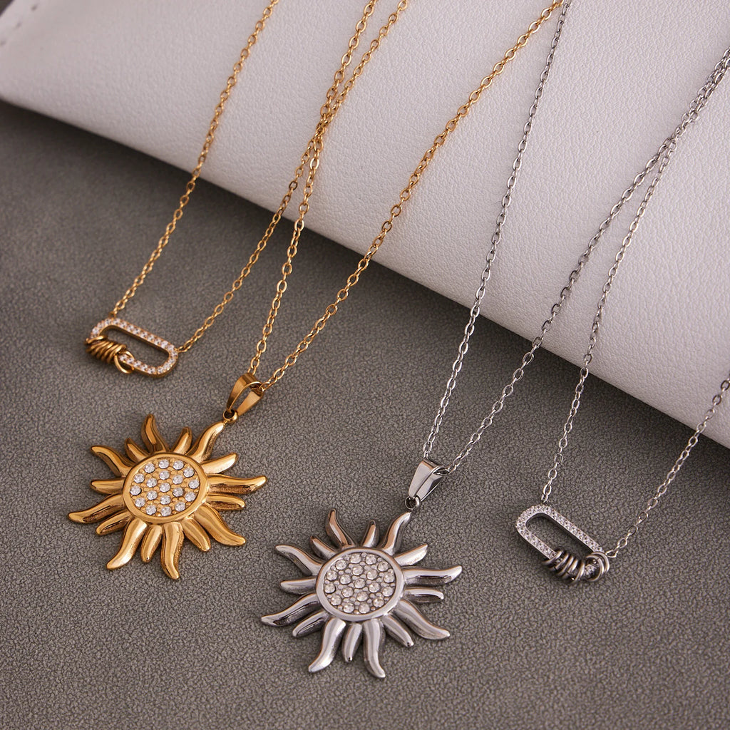 Liora Delicate Zircon Sun Oval Pendant Stainless Steel Chain Necklaces For Women Wedding Charm Neck Drop Choker Women Jewelry