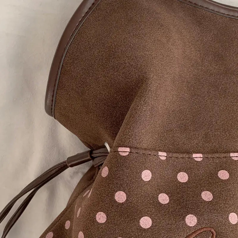 Polka Dot Suede Shoulder Bag Women Stylish Brown Slouchy Tote Drawstring Design Magnetic Buckle Underarm Bag With Star Pendant