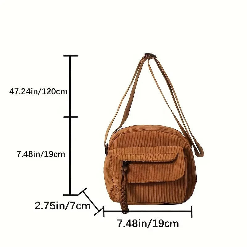 Corduroy Crossbody Bag for Women Casual Harajuku Style Zipper Closure Adjustable Strap Multi Pockets Polyester Lining Beige