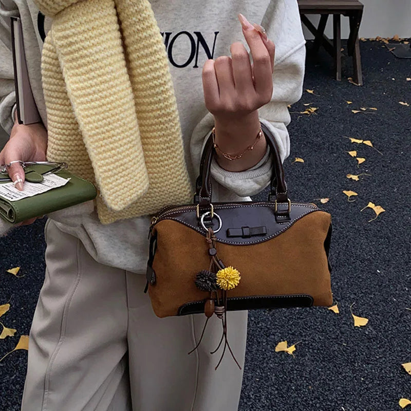 New Retro Frosted Tote Bag Boston Bag Pu Suede Women'S Shoulder Crossbody Bag Commuter Bag