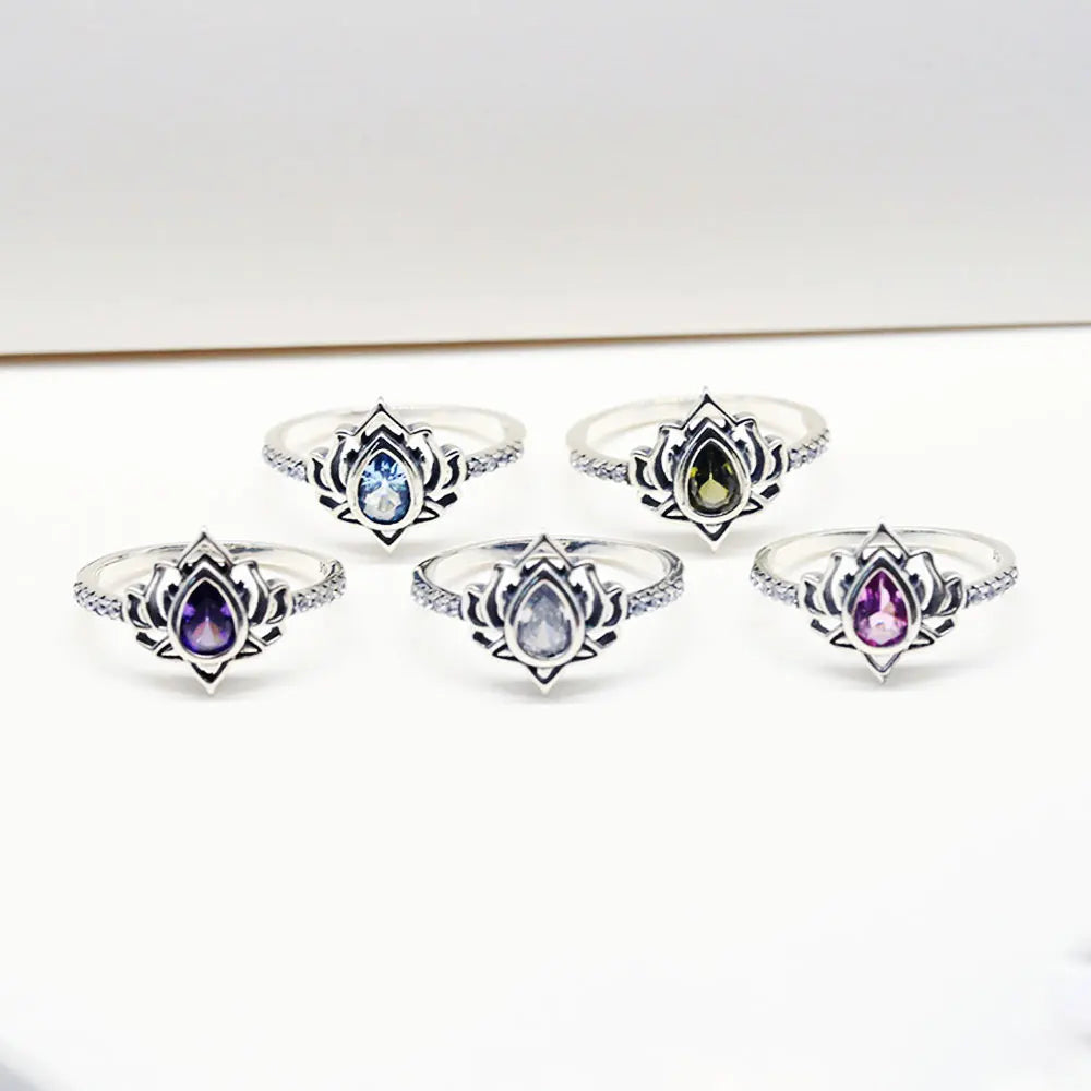 YILUOCD 925 Thai silver Adjustable Rings For Women Lotus Flower Colorful Zircon Ring Boho Female Fine Jewelry Gift