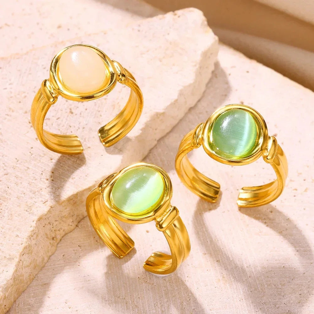 Luxury Oval Opal Rings For Women Fashion Geometric Stainless Steel Adjustable Natural Stone Sun Aesthetic Weeding Jewelry BFF