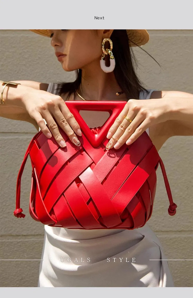 High Quality Women Handbag Textured Woven Handmade Bucket Bag Luxury Clutch Purse Large Capacity Female Shoulder Messenger Bag