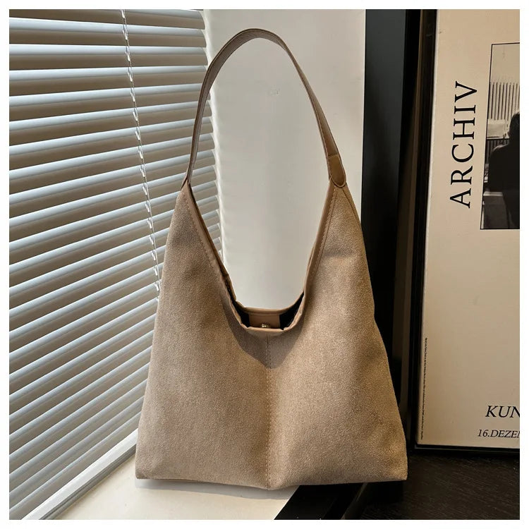 Vintage Faux Suede Tote Bags for Women Large Capacity Shoulder Ladies Underarm Bag Casual Simple Commuter Female Handbags