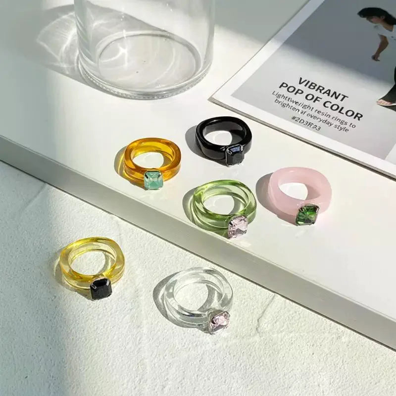 Fashion Simple Inlaid Colorful Zircon Resin Ring Women Sweet Cute Birthday Party Commemorative Jewelry Gift