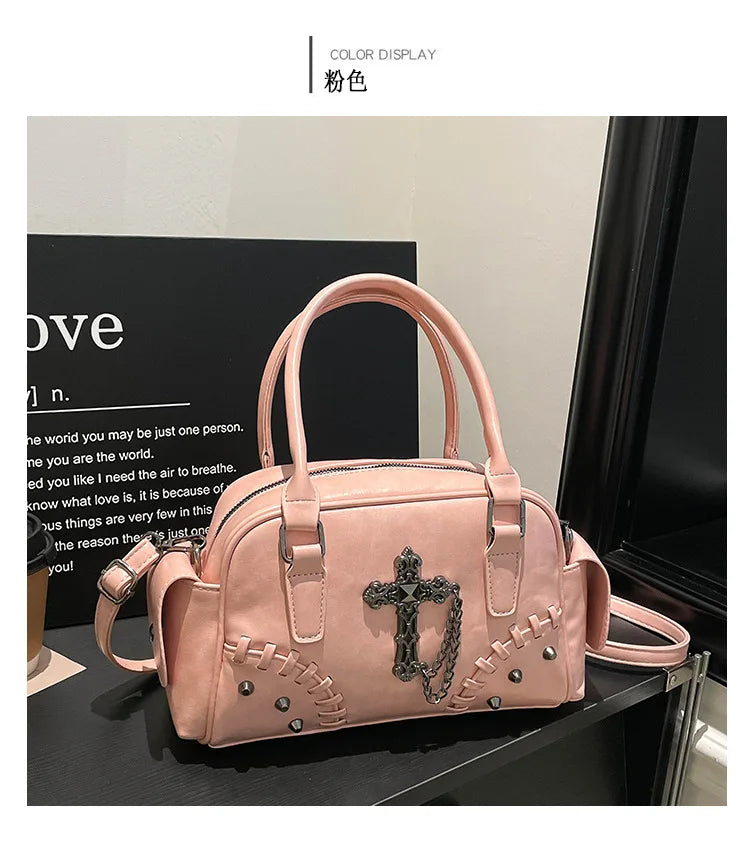 2026 Spring New Punk Gothic Cross Body Bag for Women Small Square Shoulder Bag with Metal Studs Cross Design Edgy Alternative