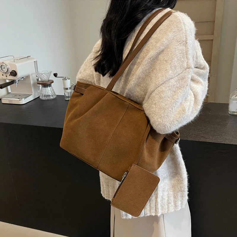Suede Shoulder Bags for Women Large Capacity Totes Lightweight Underarm Bag Casual Shopper Handbag Solid Color Travel Bucket Bag