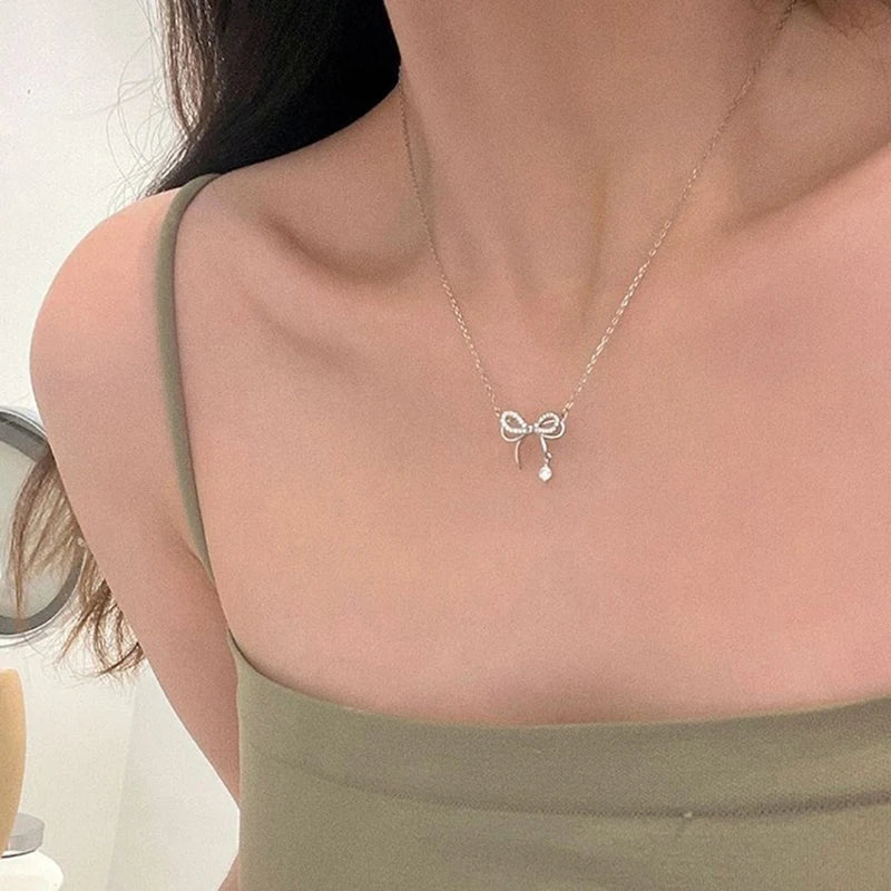 Zircon Bow Knot Pendant Necklace for Women Design Elegant Korean Fashion Necklaces Woman Charms Necklace Party Lady Accesorios