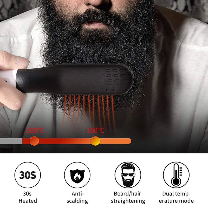Electric Beard Comb Beard Curly Straight Hair Brush Men'S Styling Straightener Comb 2 In 1 Hair Straightening And Curling Iron