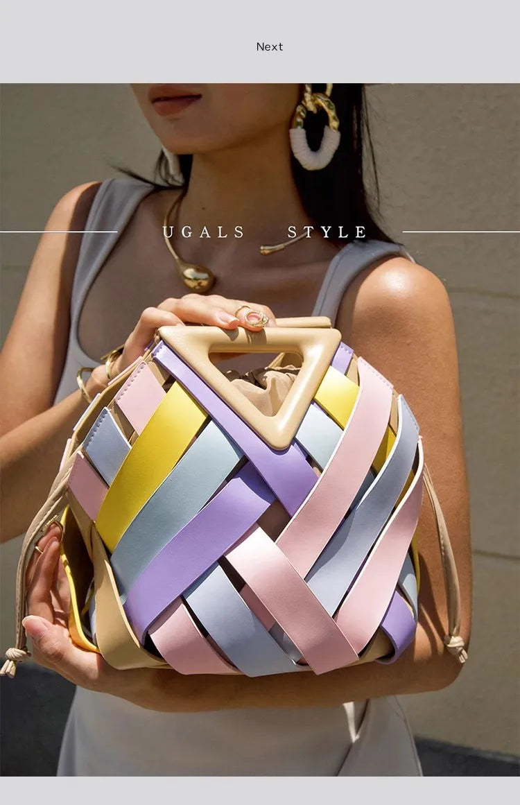 High Quality Women Handbag Textured Woven Handmade Bucket Bag Luxury Clutch Purse Large Capacity Female Shoulder Messenger Bag