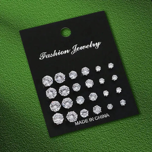 24 Pairs Shiny Zircon Stud Earrings Set for Women Men Daily Versatile Chic Silver Color Crystal Ear Jewelry Accessories