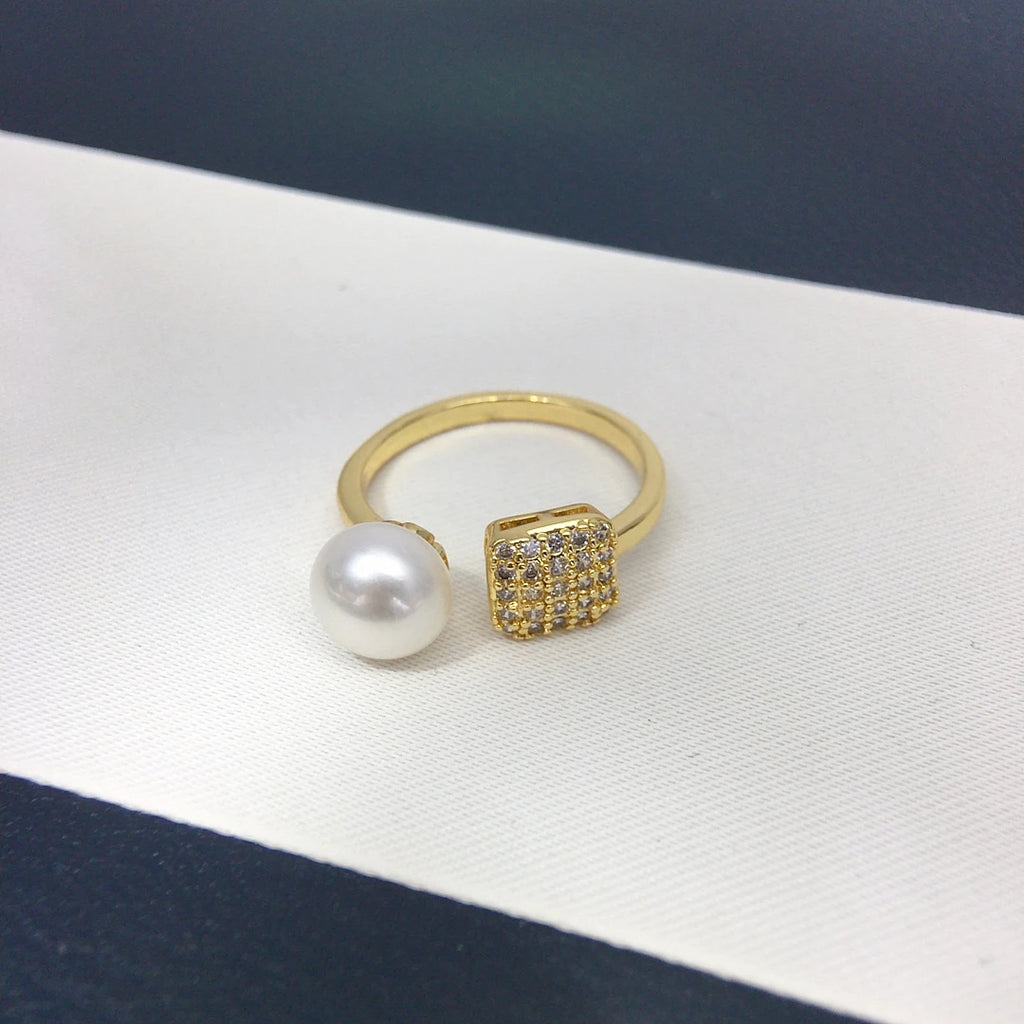 Unisex Adjustable Square Ring with 8-9mm Freshwater Cultured Pearl And Zircon Minimalist Fashion Jewelry for All 2025 New