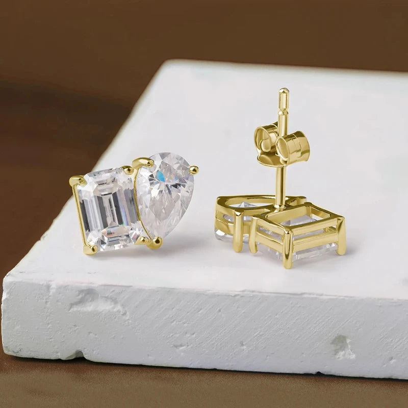 Rrjzz Stud Earrings for Women 5x7mm Emerald Cut&5x8mm Pear Cut Lab Created Cubic Zirconia 14K Gold Plated 2 Stone Jewelry Gift