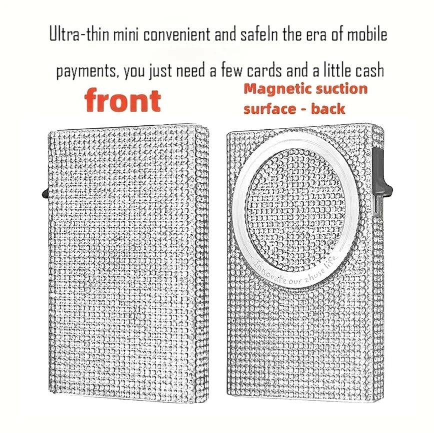 Women's Minimalist Aluminum Alloy Wallet, Magnetic Automatic Side-thrust Pop Up Card Holder With Anti-theft Brush Blocking