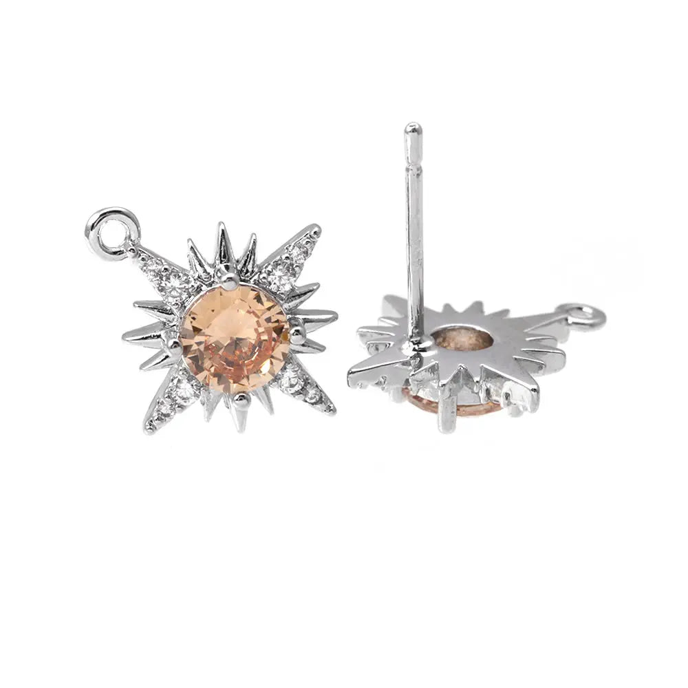 2 Pairs(1 Pair including 1 Sun and 1 Monn) 18K Gold Color Brass and Zircon Stud Earrings Pins Earrings High Quality Diy Making