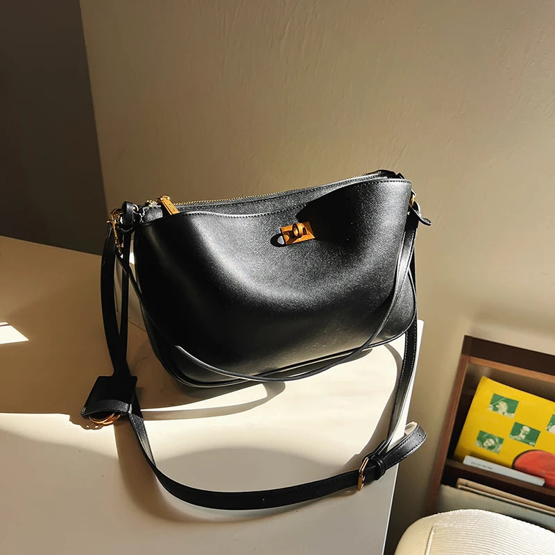 Luxury Rodeo Women Shoulder Bags Cowhide Leather Brand Black Handbags For Women Fashion Gold Silver Buckle Design Underarm Bags