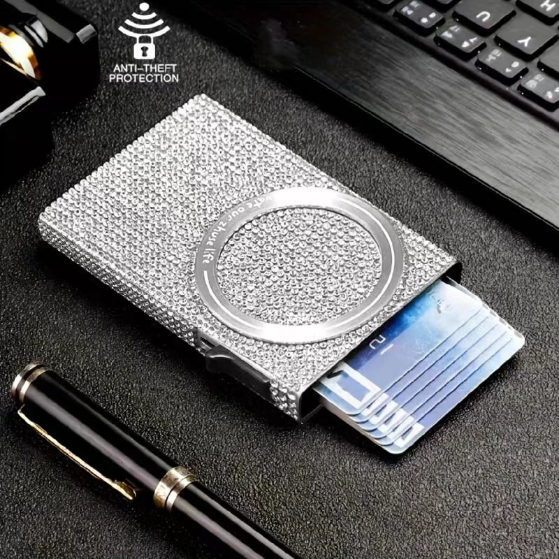 Women's Minimalist Aluminum Alloy Wallet, Magnetic Automatic Side-thrust Pop Up Card Holder With Anti-theft Brush Blocking