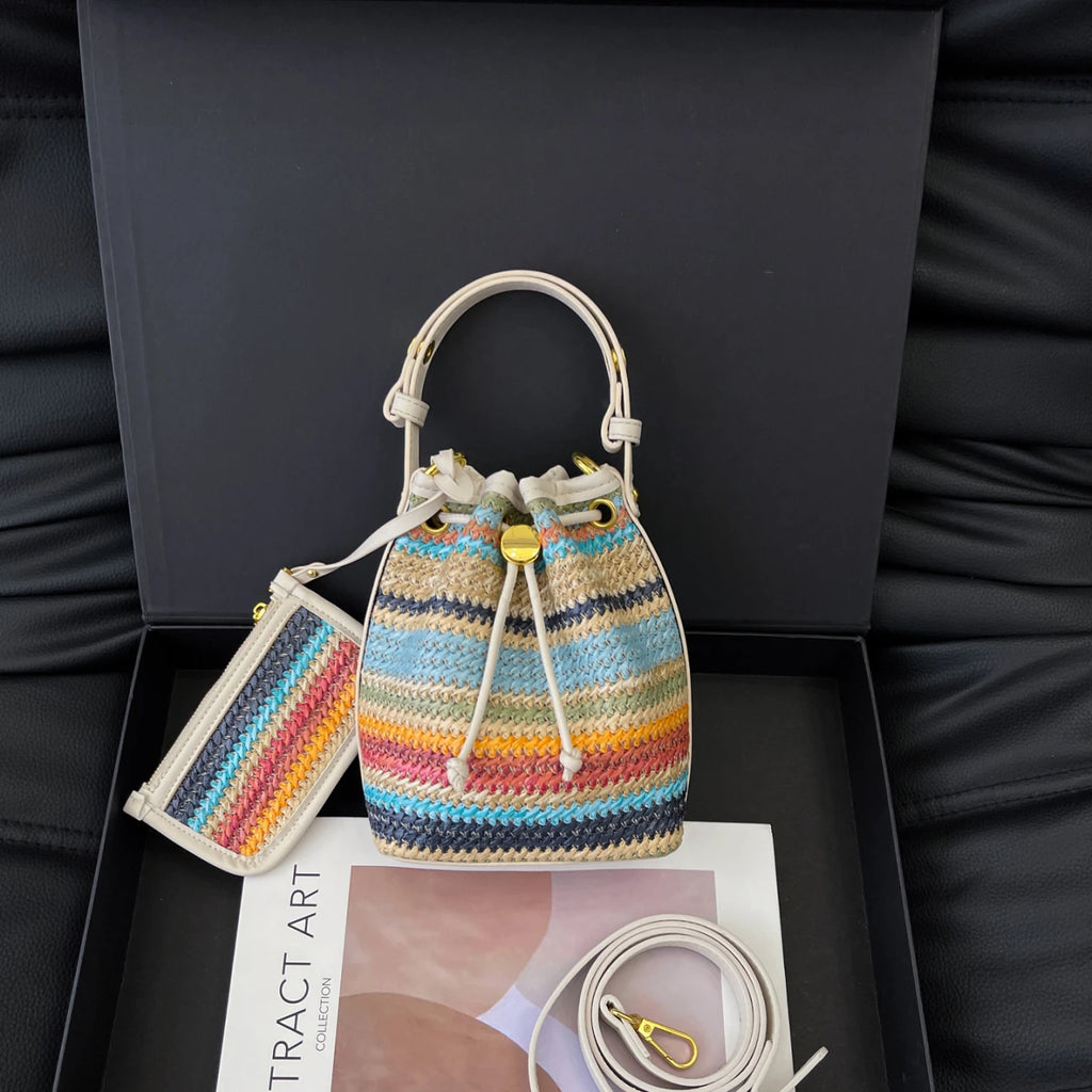 2 Pcs/set Bucket Design Crossbody Bag 2025 Boho Beach Shoulder Purses and Handbags Summer Colorful Straw Bolsa Feminina New