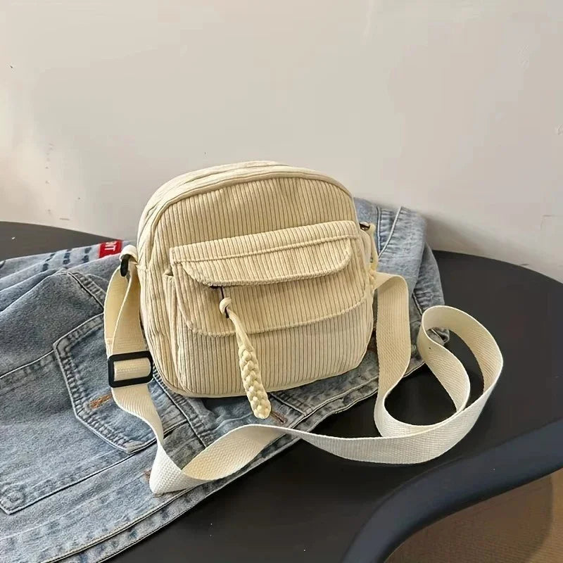 Corduroy Crossbody Bag for Women Casual Harajuku Style Zipper Closure Adjustable Strap Multi Pockets Polyester Lining Beige