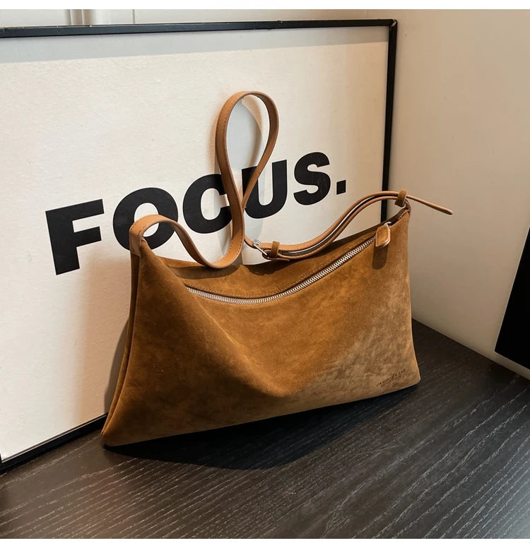 Vintage Suede Tote Bag For Women Autumn Winter New Large Capacity Commute Shoulder Crossbody Bags Fashion Trend Underarm Bags