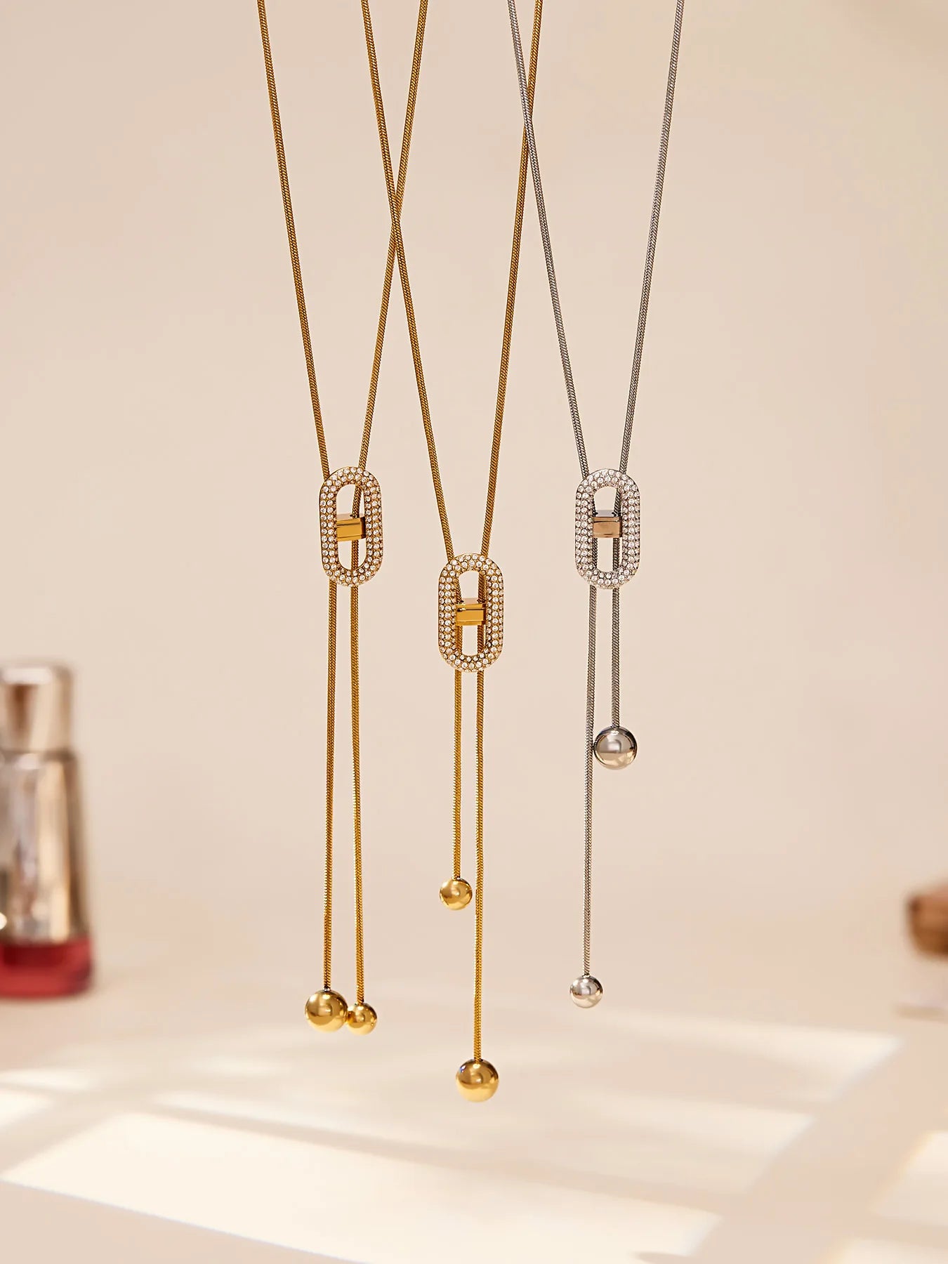 Ars 18K Gold Plated Y Necklace Stainless Steel Tassel Necklace Adjustable Oval Pendant Necklace Women's Zircon Lariat Necklaces