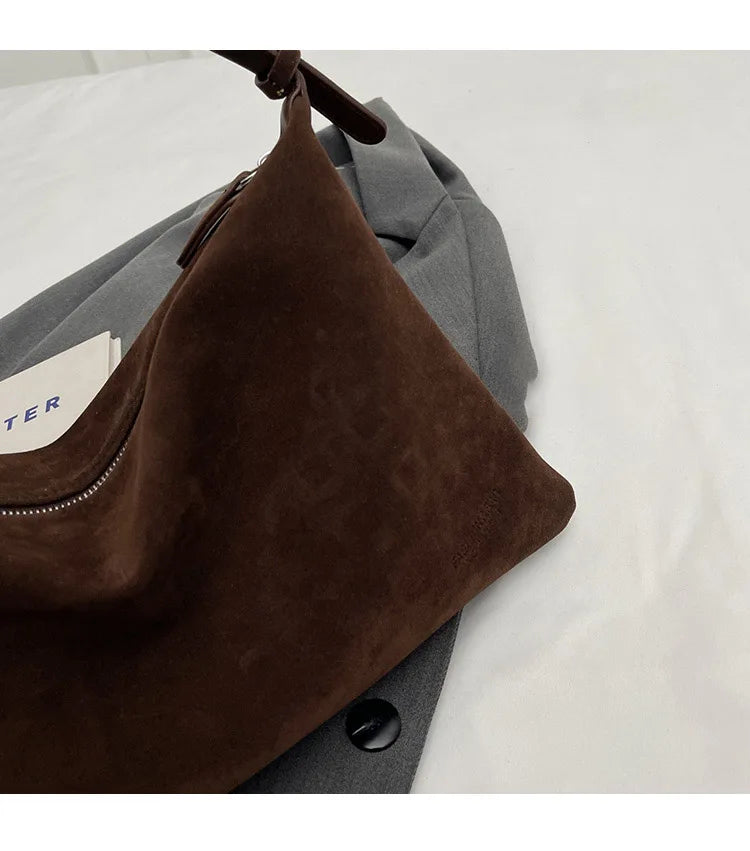 Vintage Suede Tote Bag For Women Autumn Winter New Large Capacity Commute Shoulder Crossbody Bags Fashion Trend Underarm Bags