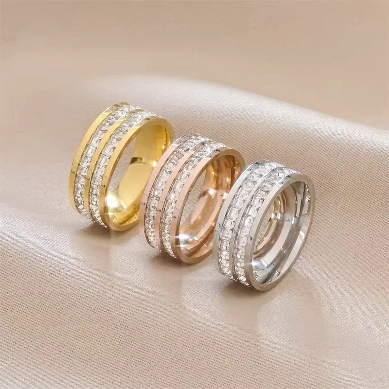 Luxury Rose Gold Color Double Row Square Zircon Stainless Steel Ring For Women Romantic  Wedding Party Jewelry Female Jewelry Fa