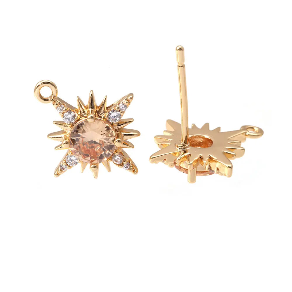 2 Pairs(1 Pair including 1 Sun and 1 Monn) 18K Gold Color Brass and Zircon Stud Earrings Pins Earrings High Quality Diy Making