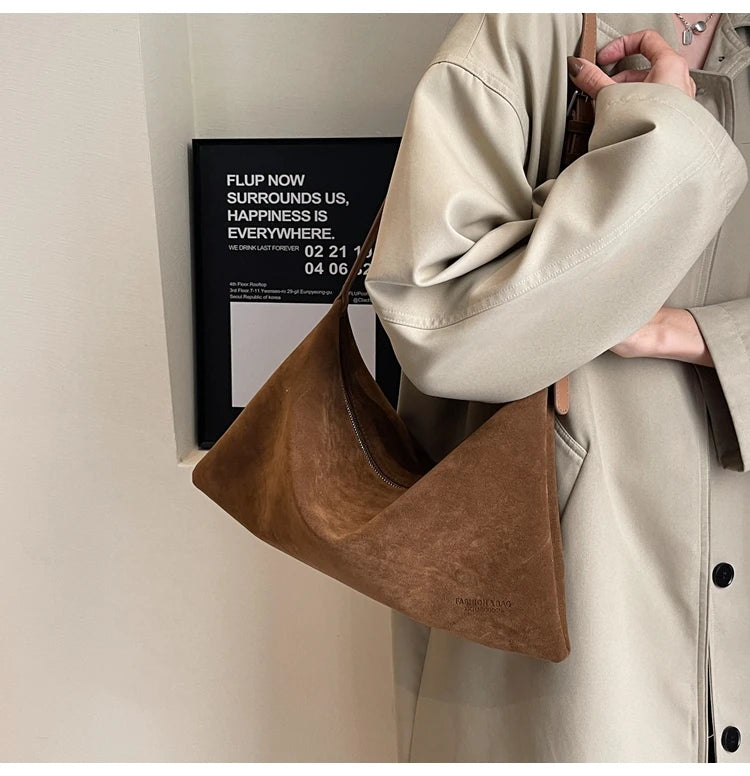 Vintage Suede Tote Bag For Women Autumn Winter New Large Capacity Commute Shoulder Crossbody Bags Fashion Trend Underarm Bags