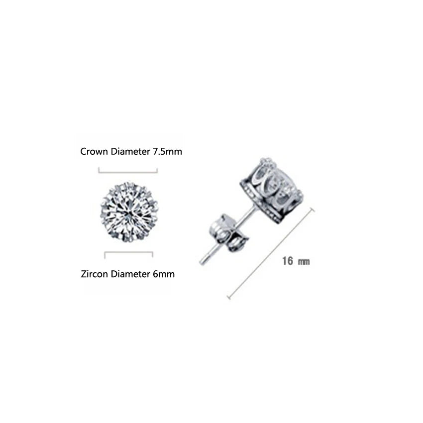 1 Pair Fashion Jewelry Crown Women Classic Shining Zircon Small Stud Earrings Silver Color Ears Stud For Men Crystal Earrings