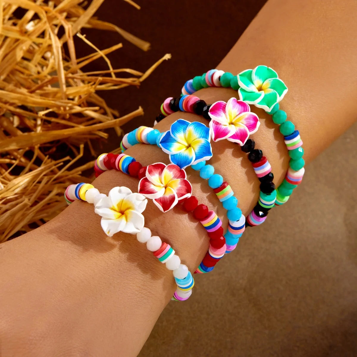 Crystal Beads Soft Polymer Clay Flower Bracelets For Women Men Bohemian Resin Floral Handmade Woven Bangles Summer Party Jewelry