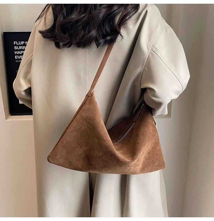 Vintage Suede Tote Bag For Women Autumn Winter New Large Capacity Commute Shoulder Crossbody Bags Fashion Trend Underarm Bags