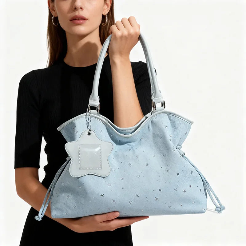 Polka Dot Suede Shoulder Bag Women Stylish Brown Slouchy Tote Drawstring Design Magnetic Buckle Underarm Bag With Star Pendant