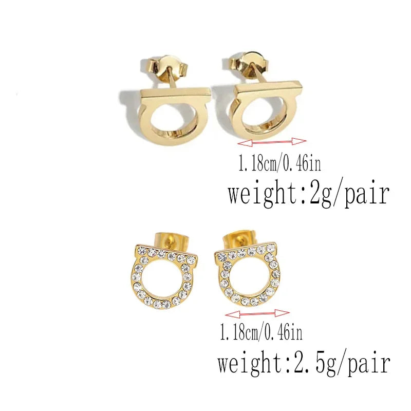 1 Pair Simple and Luxurious Zircon Inlaid D-shaped Stainless Steel Electroplated 18K Real Gold Stud Earrings Women Jewelry Gift
