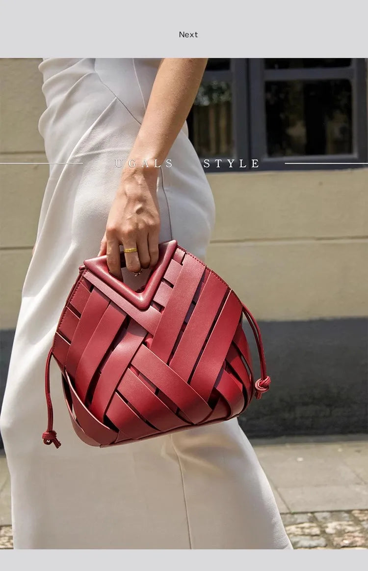 High Quality Women Handbag Textured Woven Handmade Bucket Bag Luxury Clutch Purse Large Capacity Female Shoulder Messenger Bag