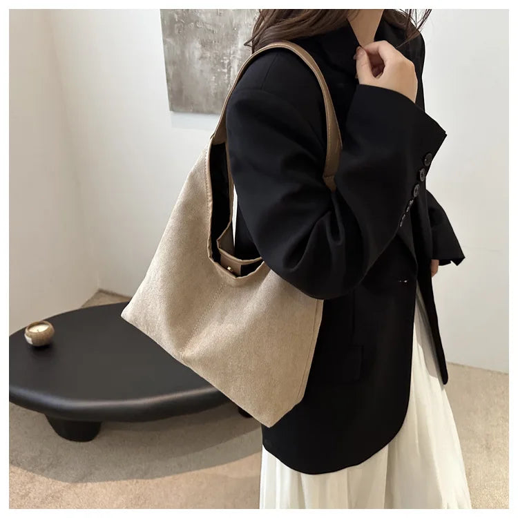Vintage Faux Suede Tote Bags for Women Large Capacity Shoulder Ladies Underarm Bag Casual Simple Commuter Female Handbags