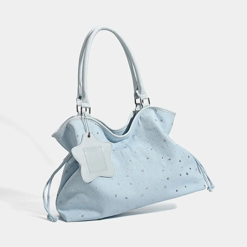 Polka Dot Suede Shoulder Bag Women Stylish Brown Slouchy Tote Drawstring Design Magnetic Buckle Underarm Bag With Star Pendant